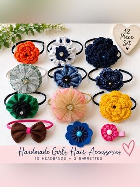 Handmade Girls Hair Accessories Lot – 10 Headbands + 2 Barrettes-NEW